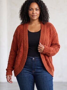 NWT | Fashion Rust Orange Chunky Popcorn Knit Open Front Cardigan Sweater | XXL